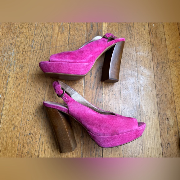 Jeffrey Campbell Pink Suede Peep Toe Heels w Wooden Heels - Picture 2 of 10